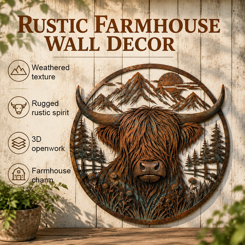 Highland cow mountain scene metal wall decor