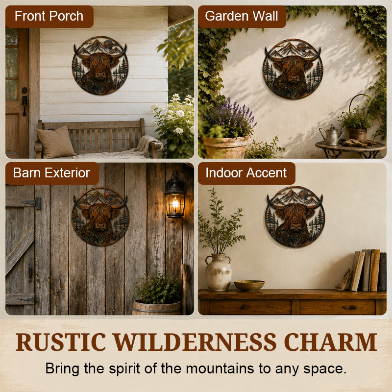 Highland cow with mountain landscape metal wall decor
