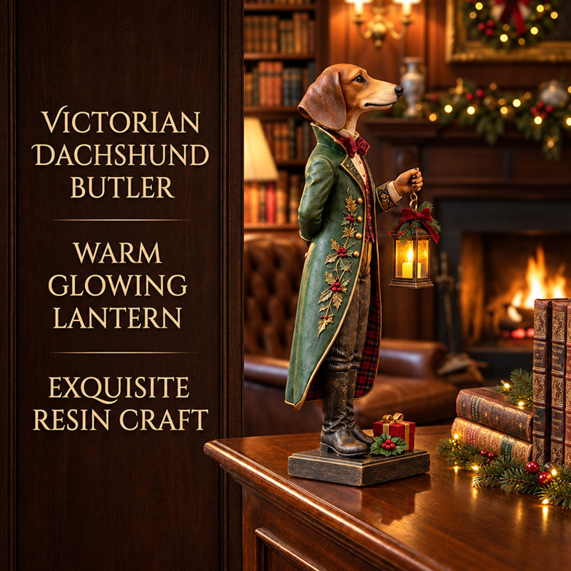 Dachshund lantern ornament displayed on a Christmas shelf