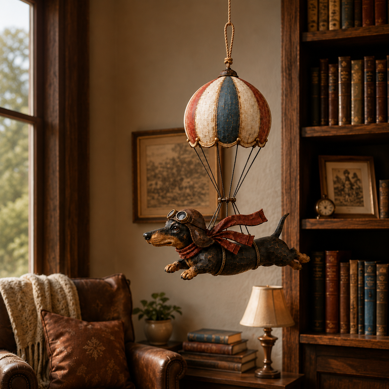 Vintage dachshund flying in a hot air balloon