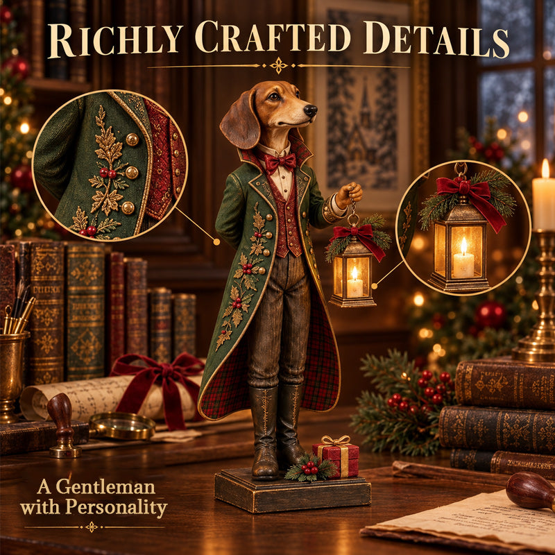 Dachshund Christmas ornament in formal Victorian-inspired outfit