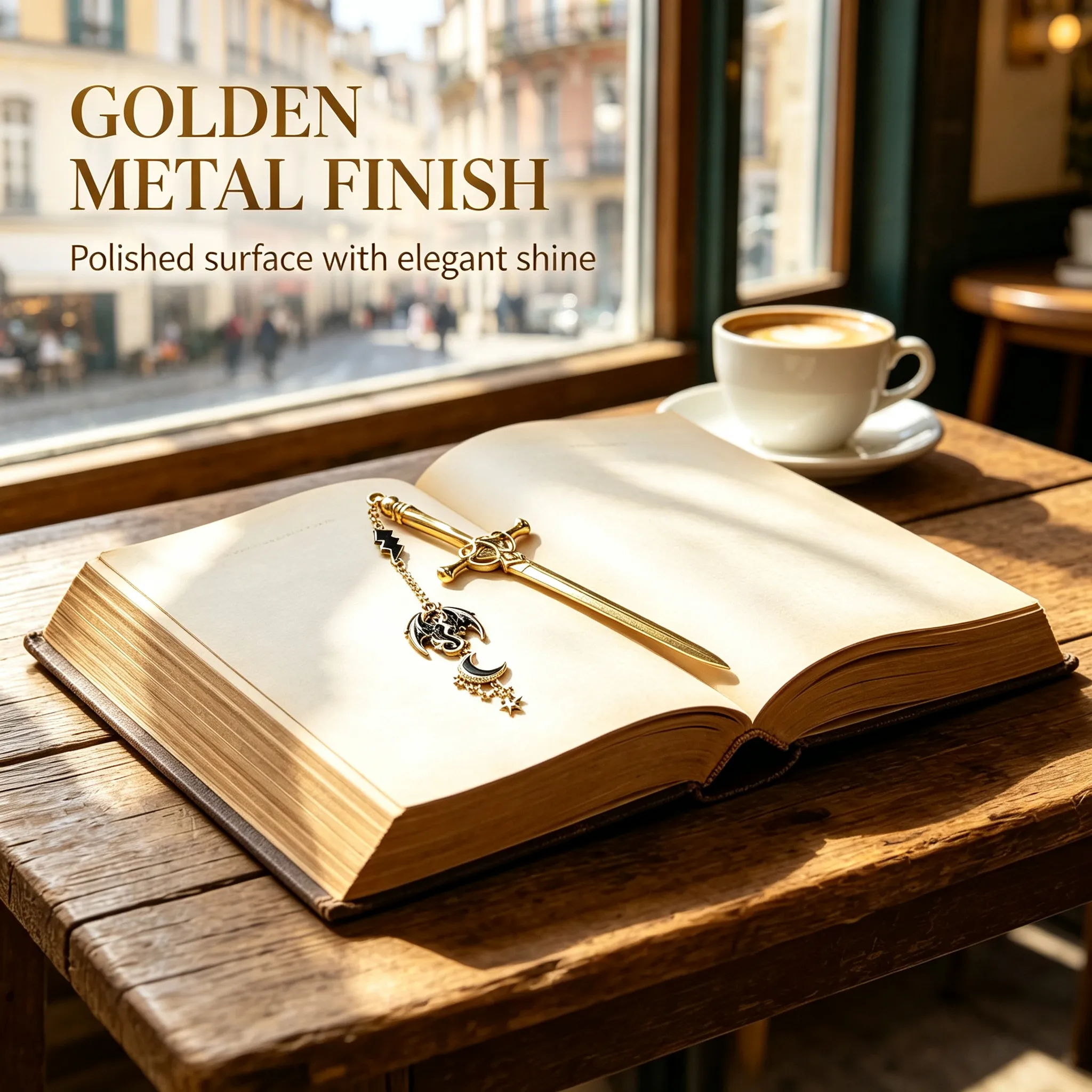 Close-up of polished golden fantasy sword bookmark