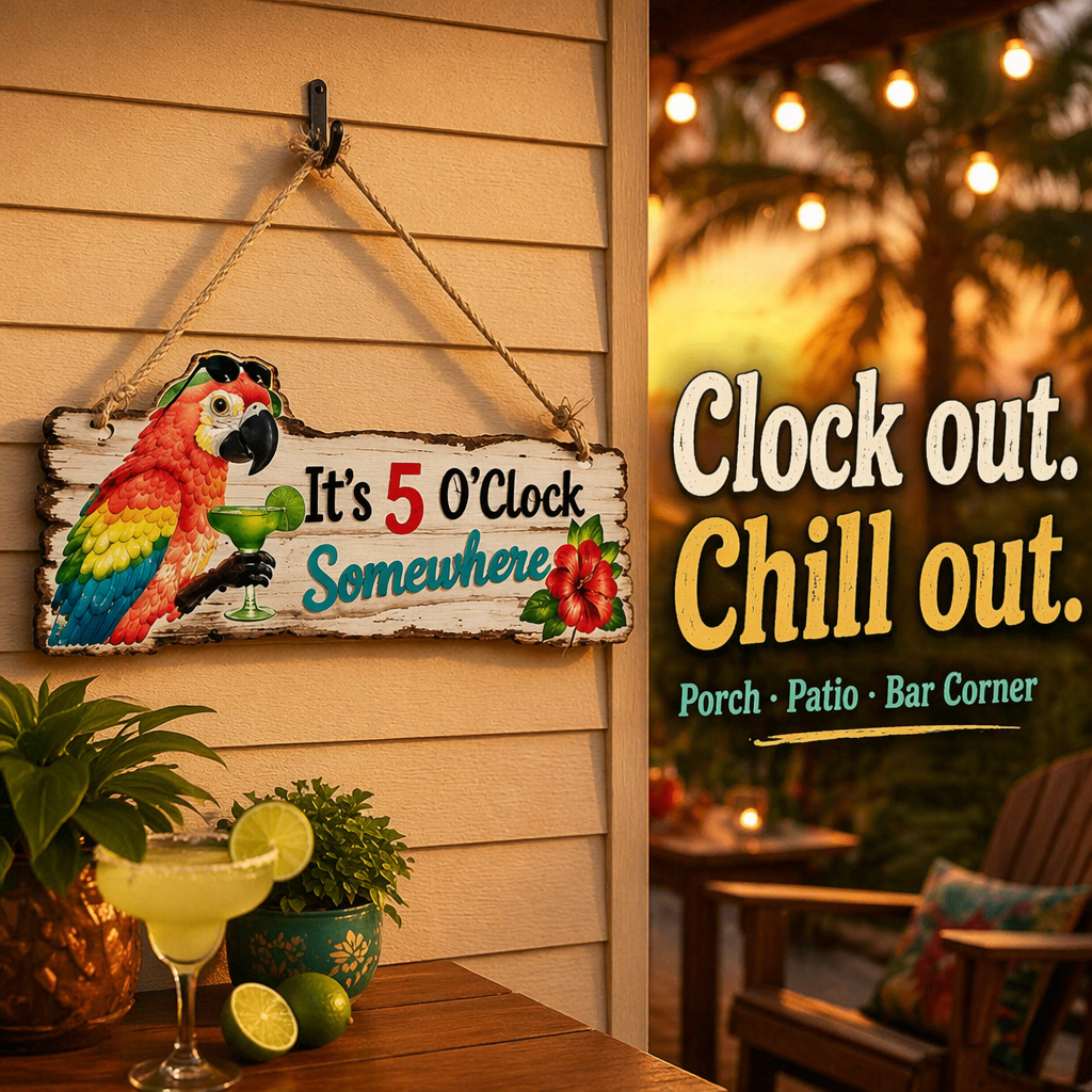 It's 5 O'Clock Somewhere Parrot wall art – Tropical Patio Wall Deco