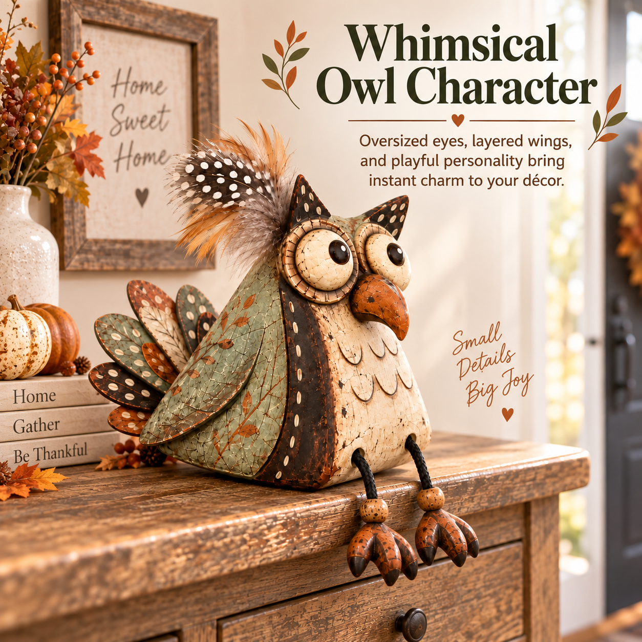 🦉 Rustic Owl Perched on a Plank Decoration with Dangling Legs — Country-style Ambience