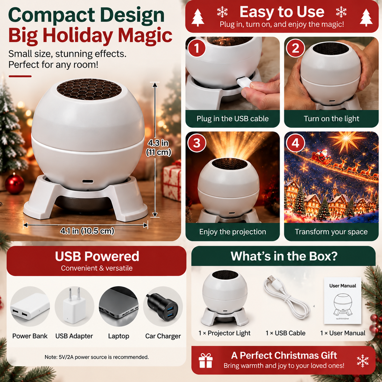 Compact Christmas projection light with approximate dimensions