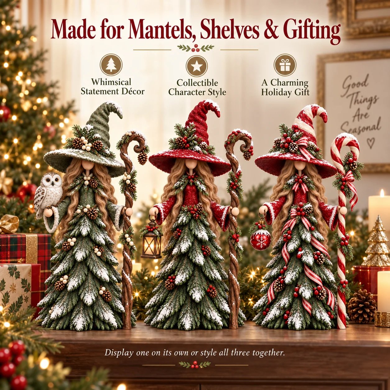 Three whimsical Christmas witch keeper figurines