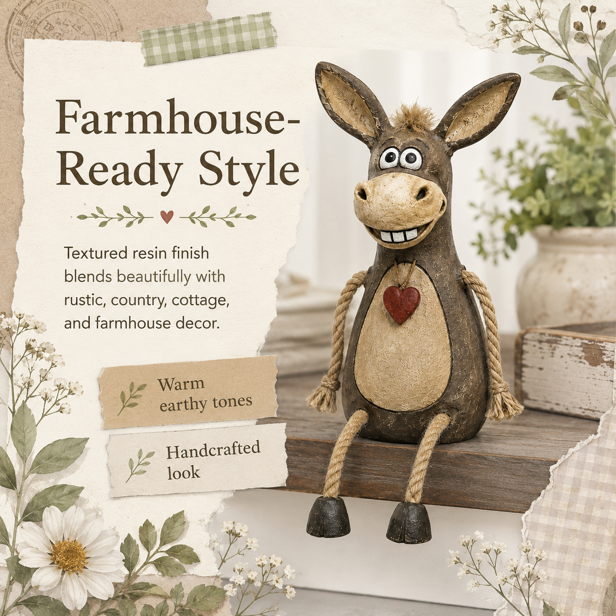 Rustic donkey figurine with red heart detail