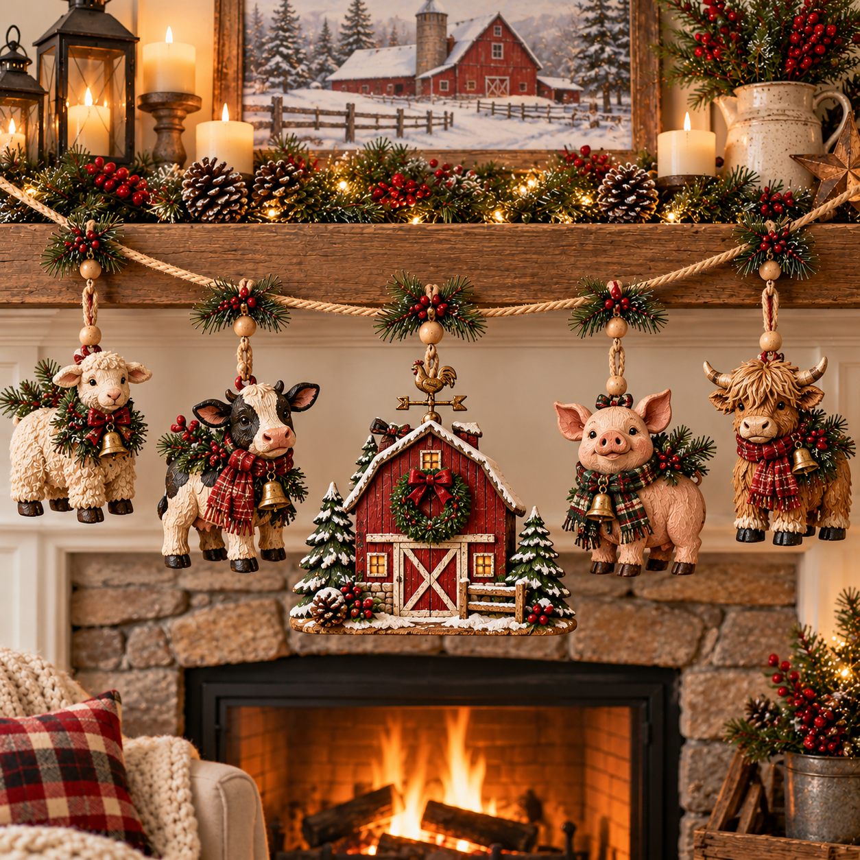 🎄 Christmas Farm Friends Garland – Rustic Farmhouse Mantel Decoration 🐄