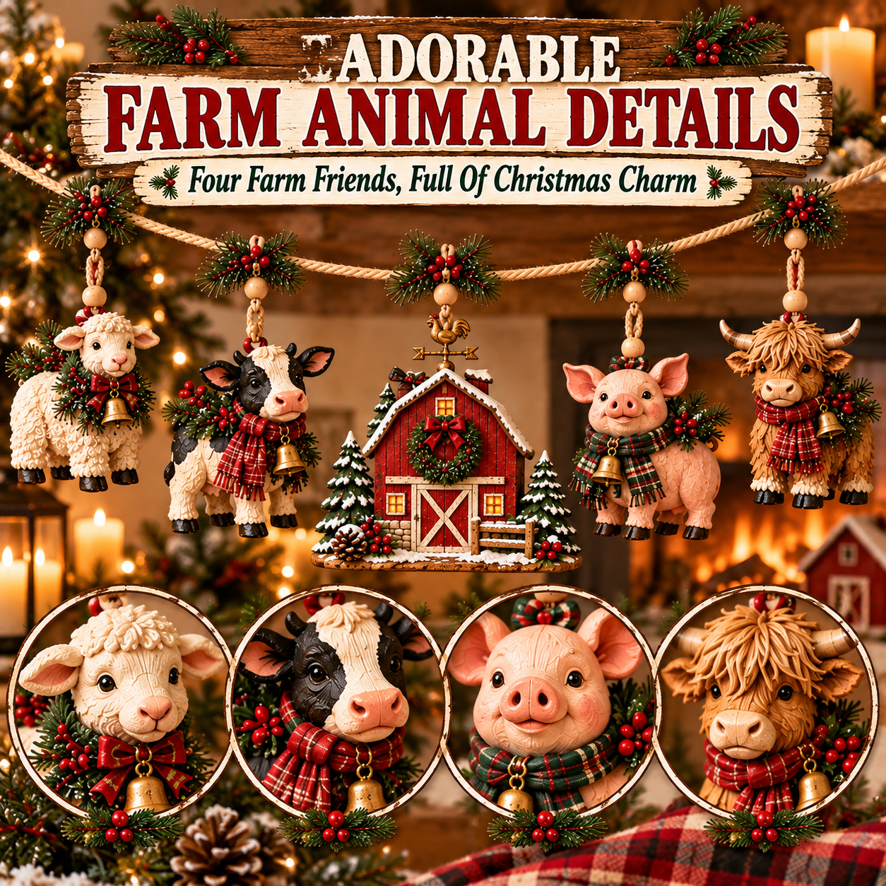 🎄 Christmas Farm Friends Garland – Rustic Farmhouse Mantel Decoration 🐄
