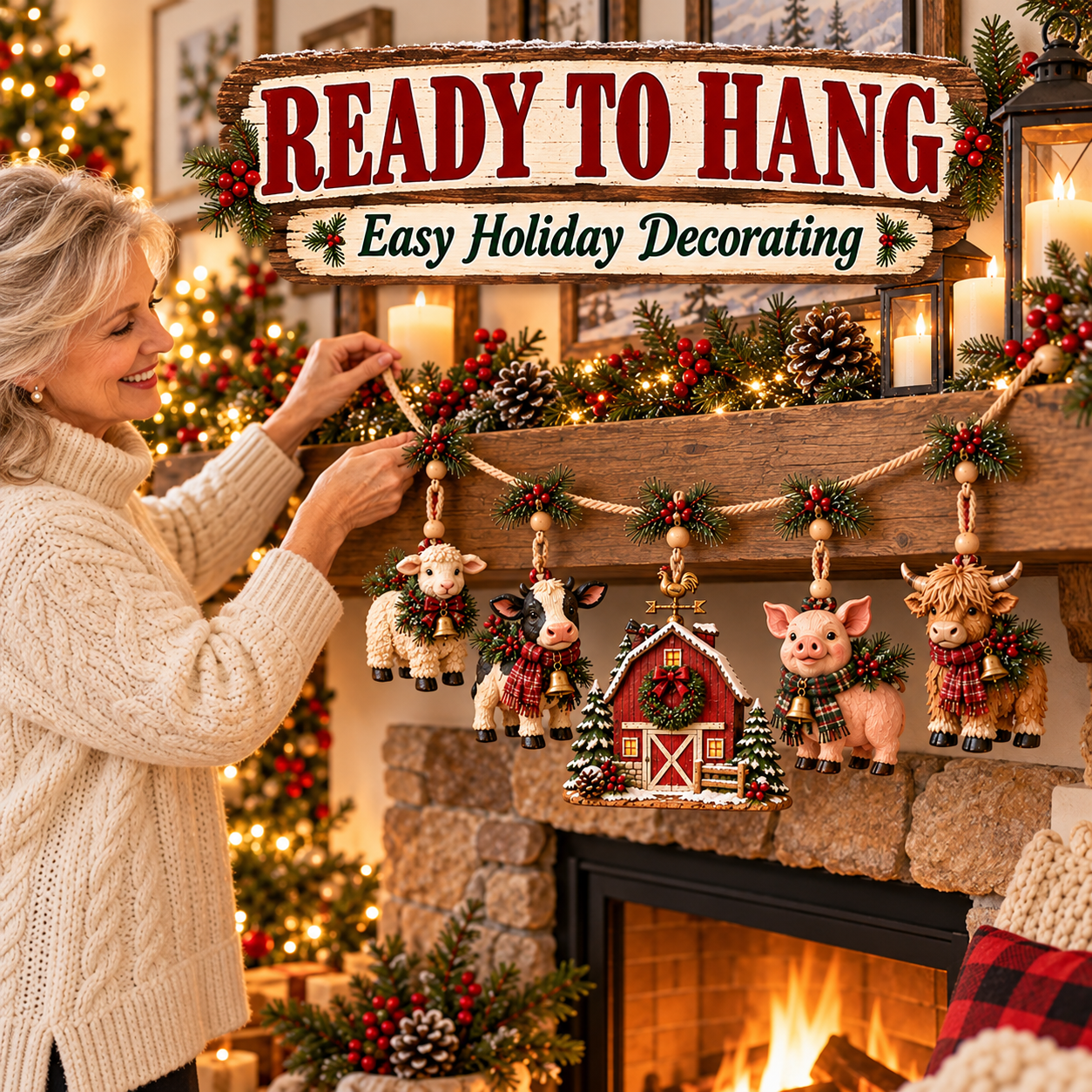 🎄 Christmas Farm Friends Garland – Rustic Farmhouse Mantel Decoration 🐄