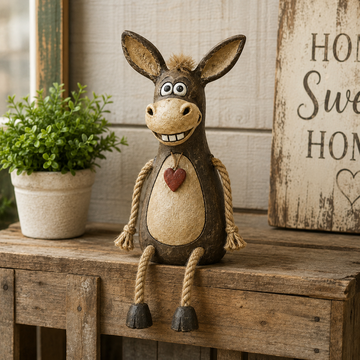 Rustic donkey figurine in farmhouse interior