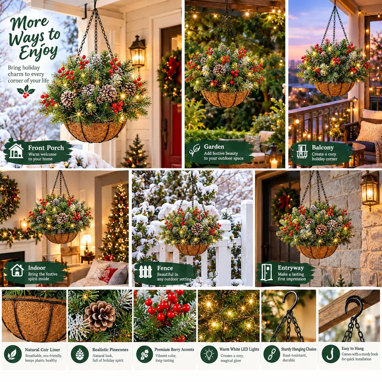 Multiple Christmas hanging baskets decorating a home