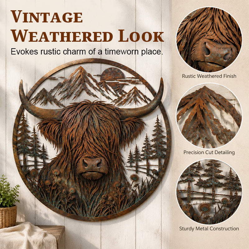 Weathered rustic finish Highland cow wall decor