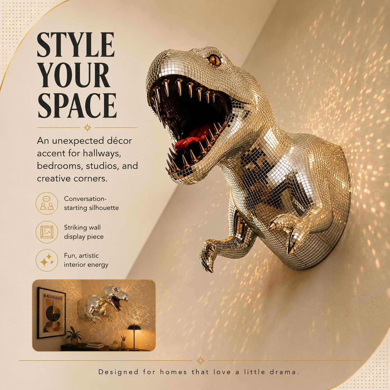 Mirrored dinosaur sculpture reflecting golden light across a wall