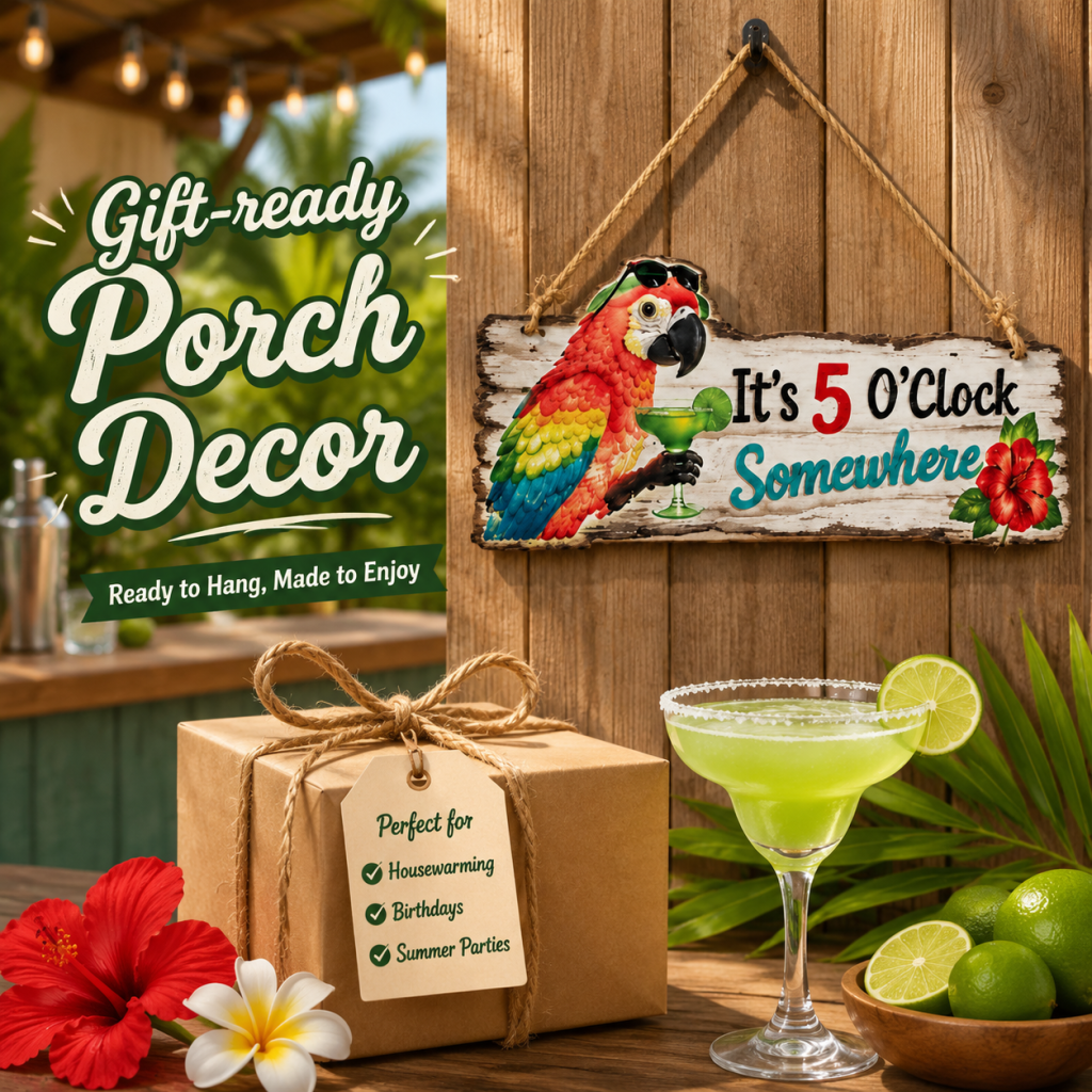 It's 5 O'Clock Somewhere Parrot wall art – Tropical Patio Wall Deco