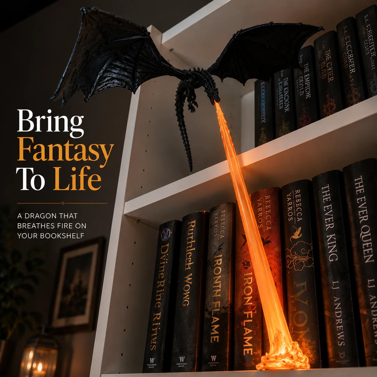 🐉 Fire-breathing dragon bookshelf decoration lamp + LED flame lighting set