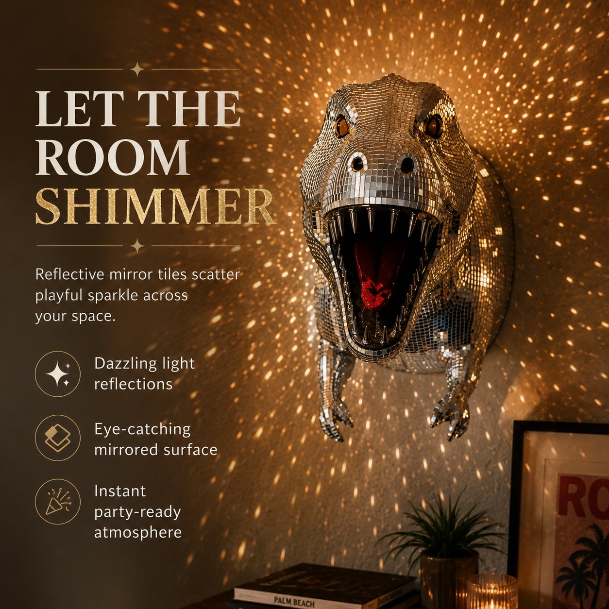 Side view of a large mirrored T-Rex mounted in a hallway
