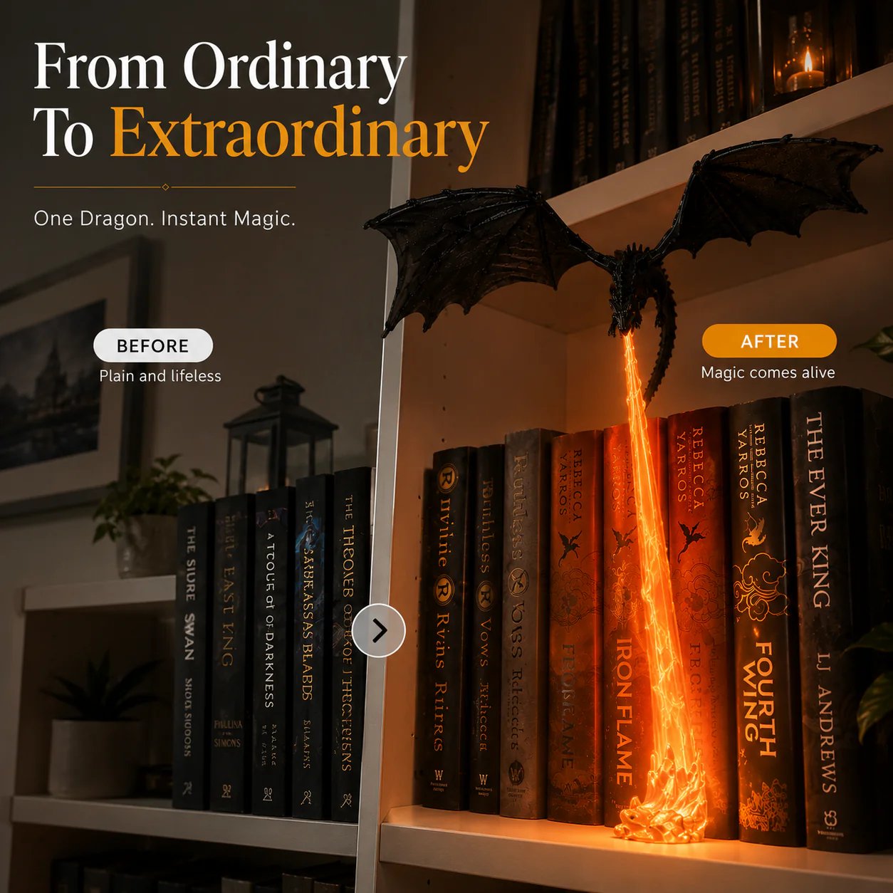 🐉 Fire-breathing dragon bookshelf decoration lamp + LED flame lighting set