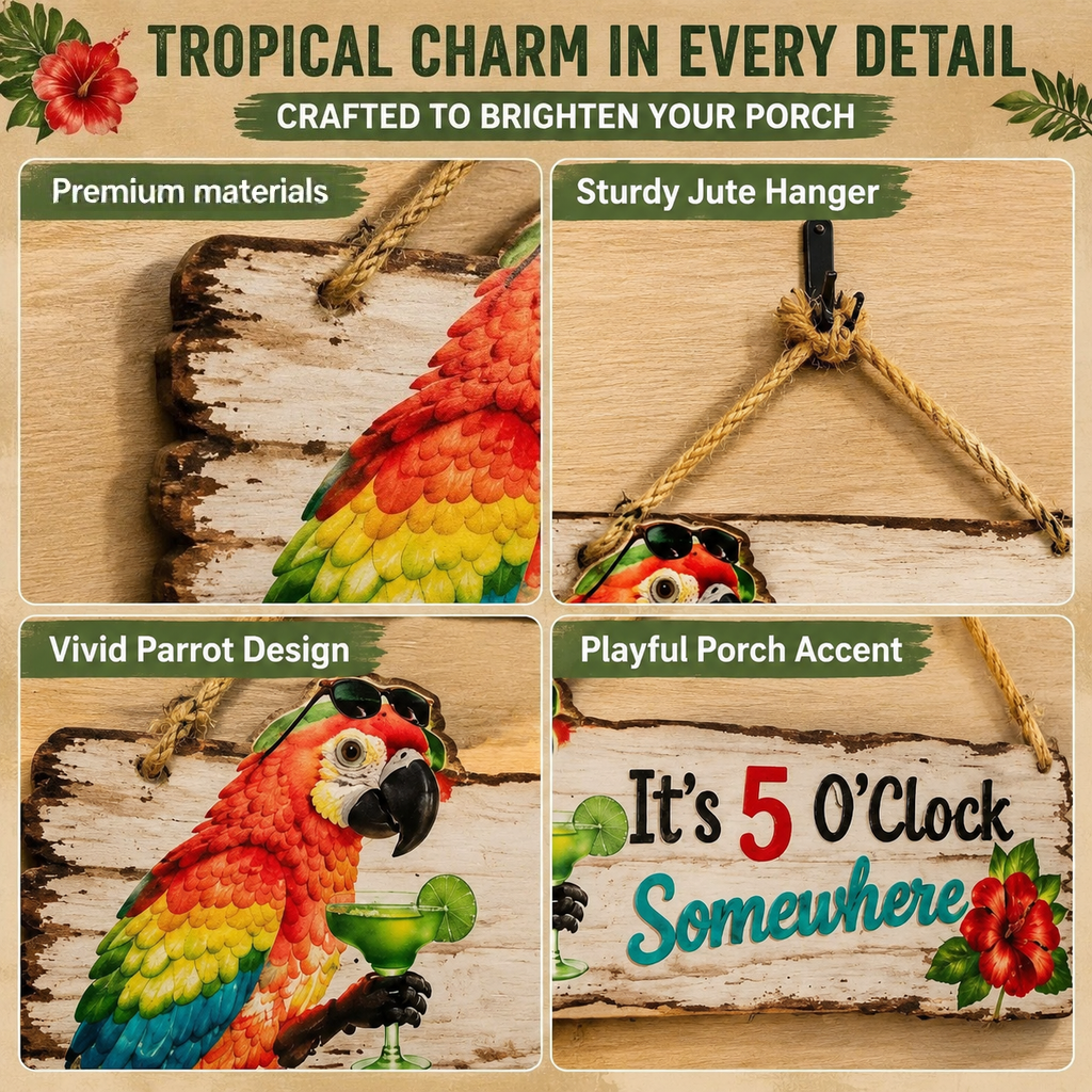It's 5 O'Clock Somewhere Parrot wall art – Tropical Patio Wall Deco