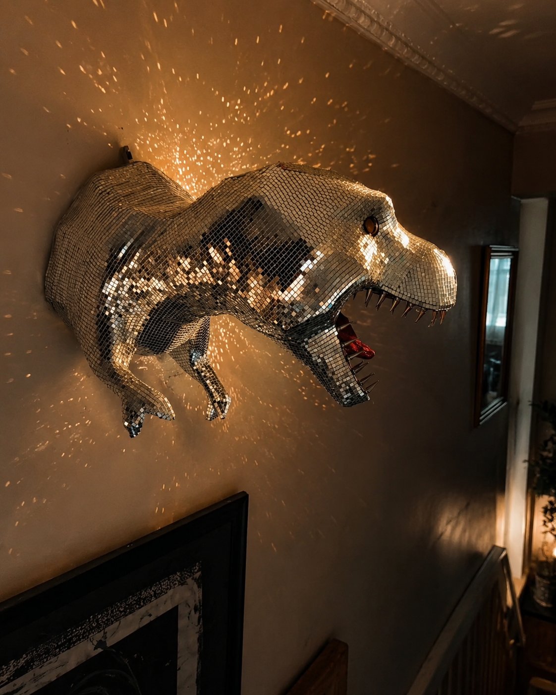Mirrored T-Rex wall sculpture styled in a warm modern interior
