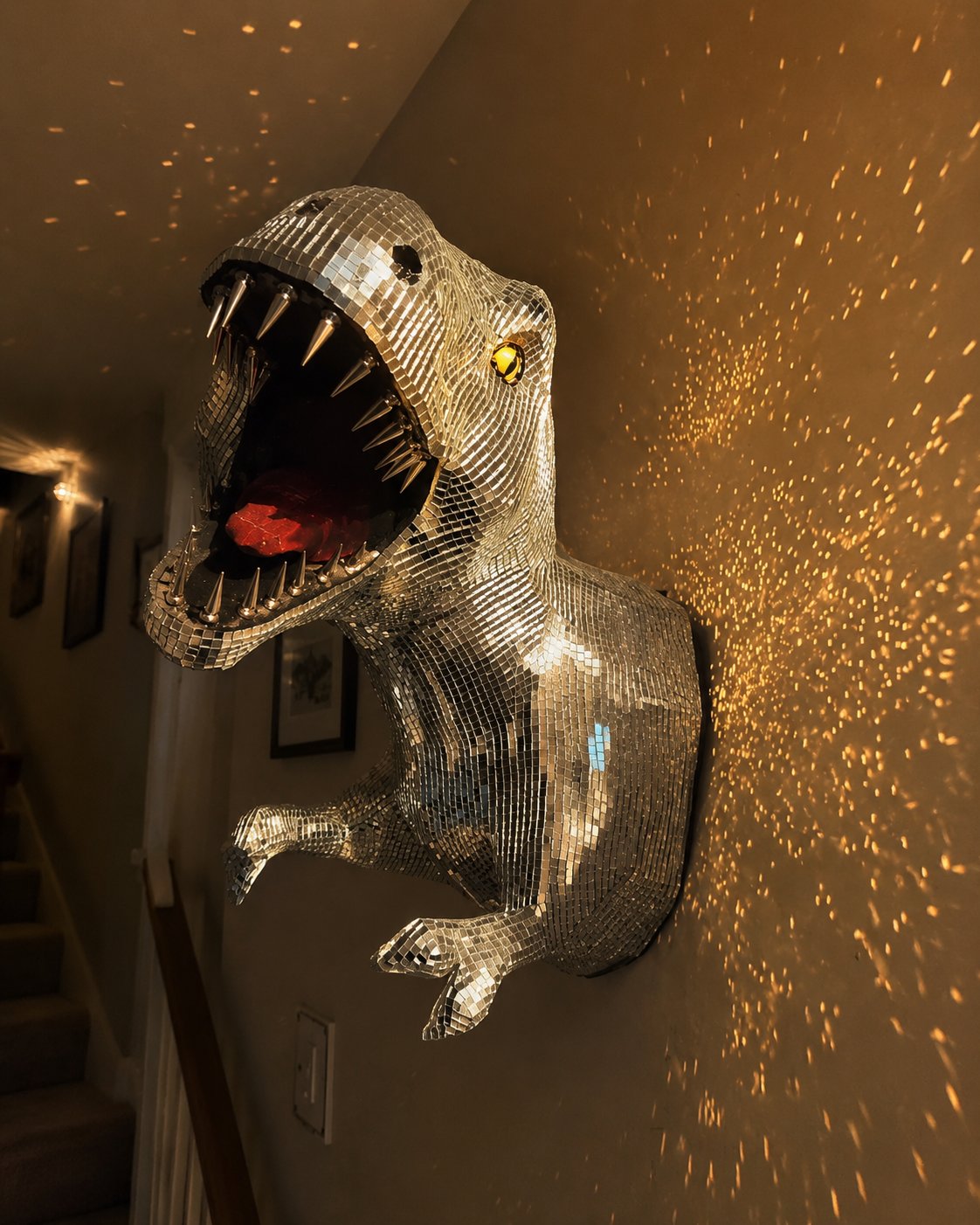 Front view of mirrored dinosaur wall sculpture scattering warm light
