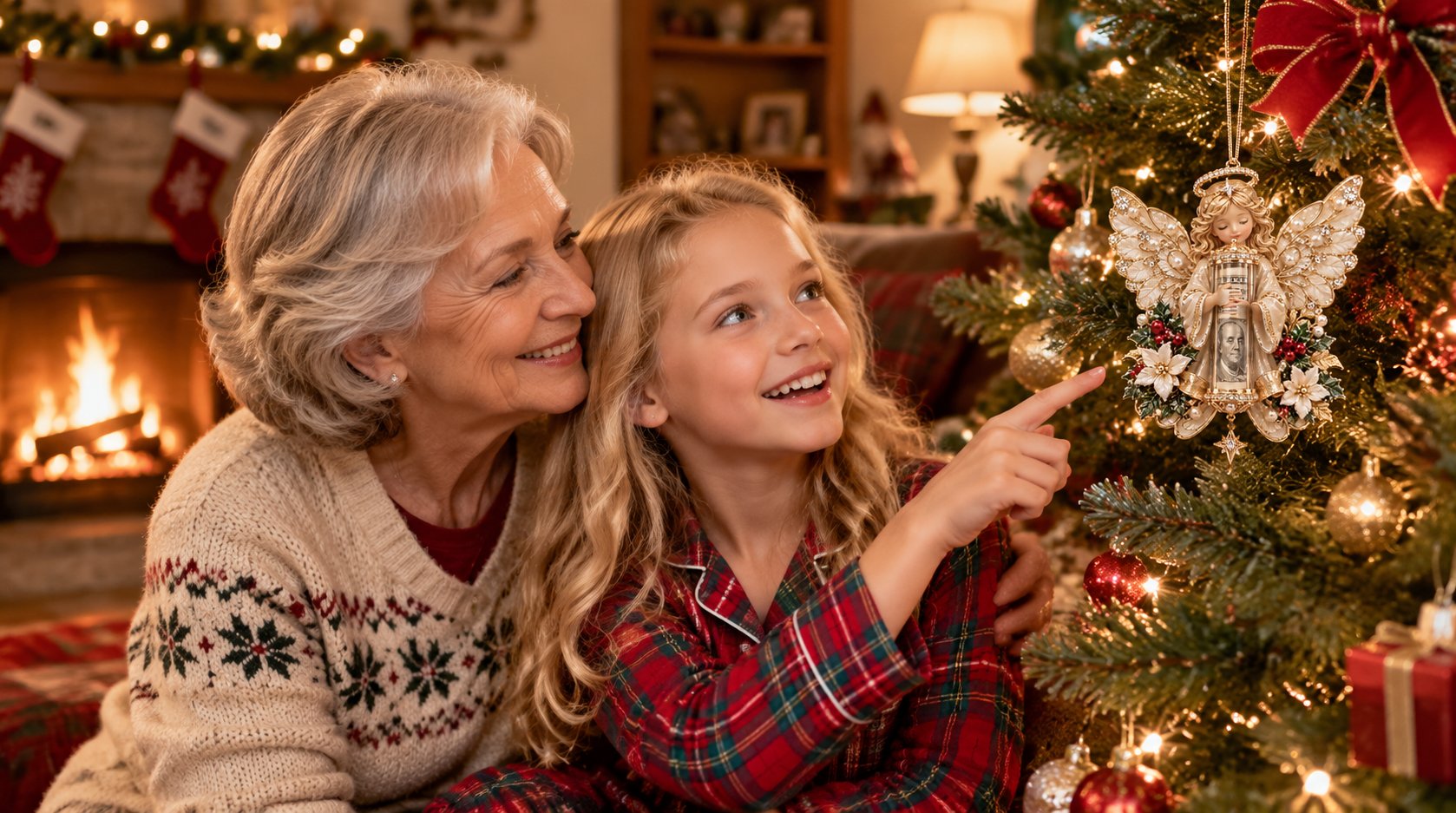 Family admiring the angel ornament on Christmas morning
