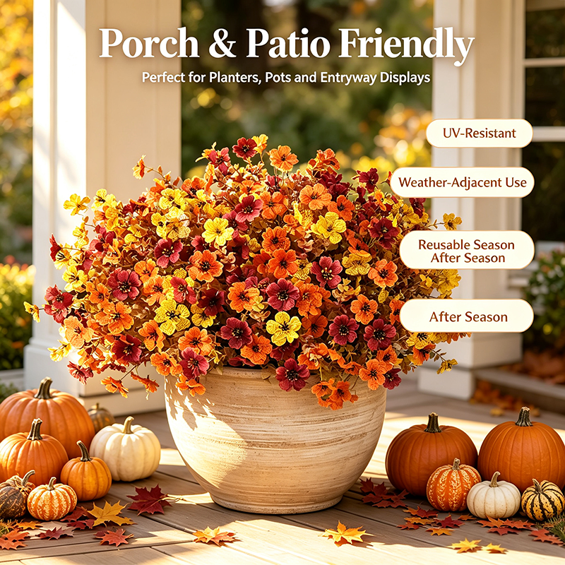 5Pcs Colorful Fall Fake Flowers🍂 - UV Resistant Artificial Outdoor Plants for Halloween Porch Decor🎃