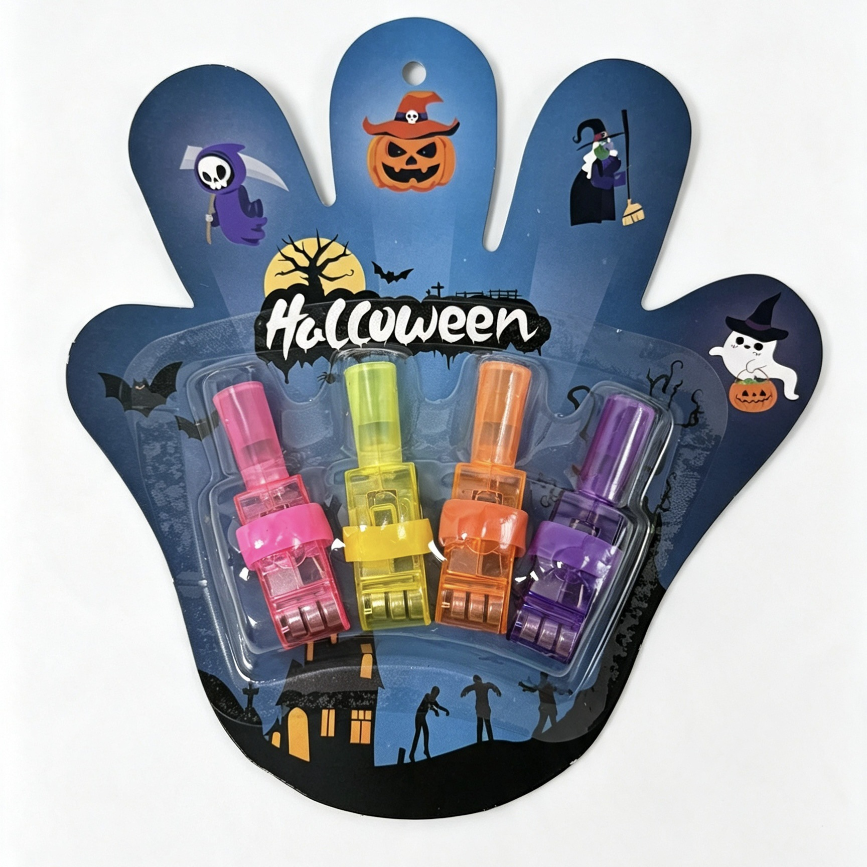 Four Halloween finger projectors in pink yellow orange and purple