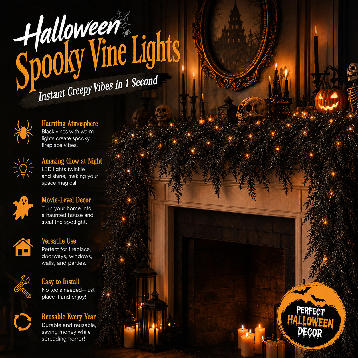 New Arrival 50% OFF💥🎃Black Cedar Garland Halloween Fireplace Decor Set 👻