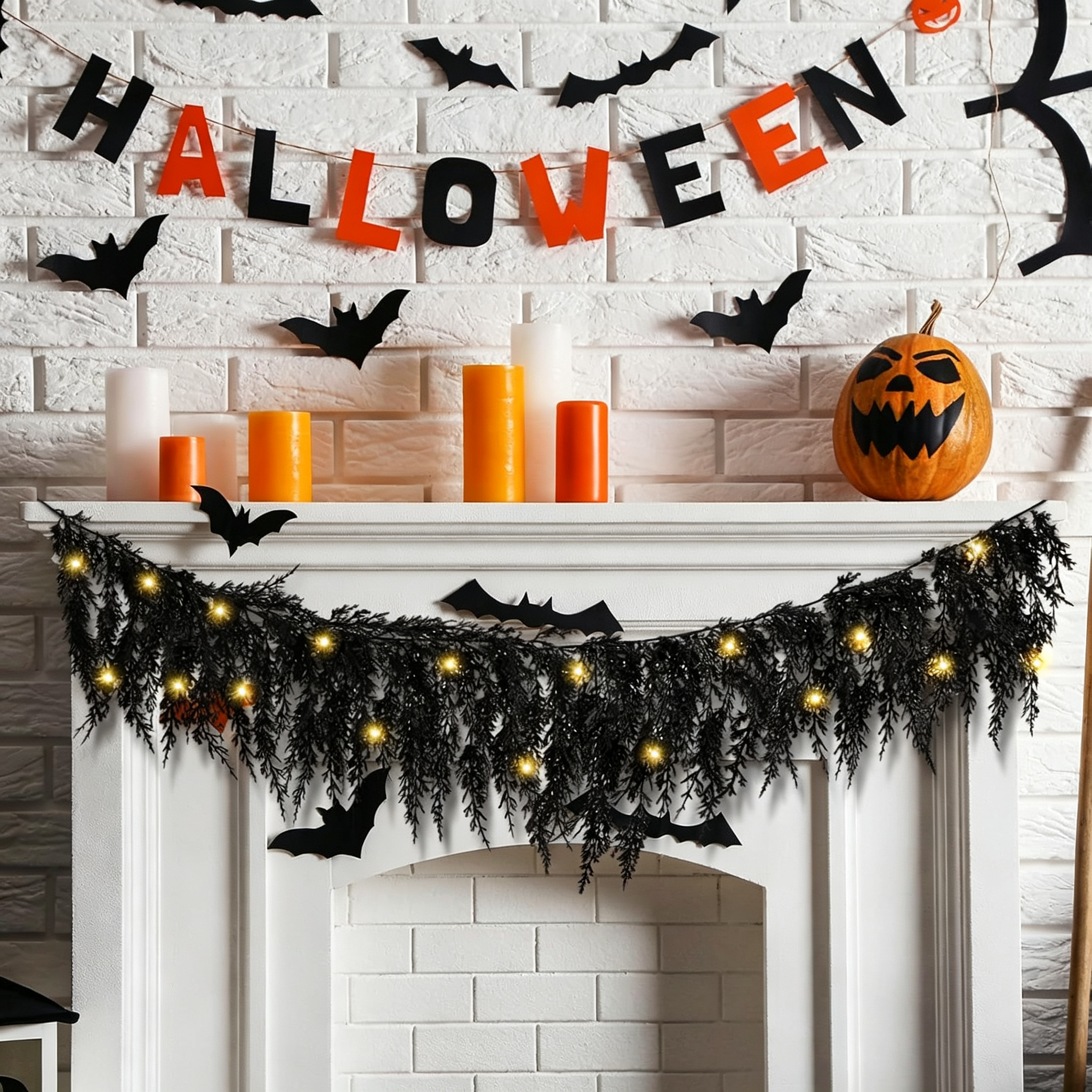 New Arrival 50% OFF💥🎃Black Cedar Garland Halloween Fireplace Decor Set 👻