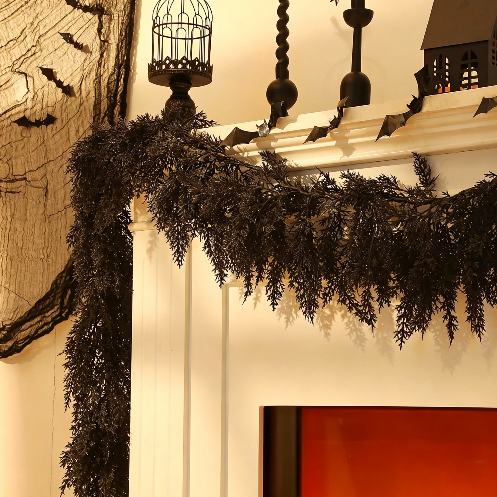 New Arrival 50% OFF💥🎃Black Cedar Garland Halloween Fireplace Decor Set 👻