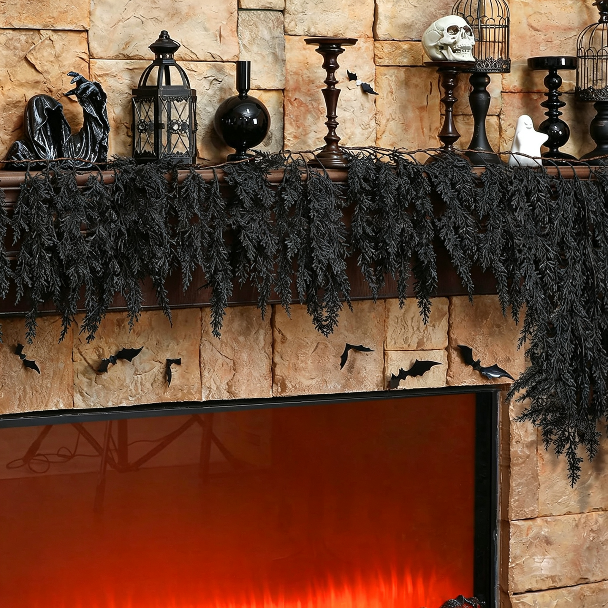 New Arrival 50% OFF💥🎃Black Cedar Garland Halloween Fireplace Decor Set 👻
