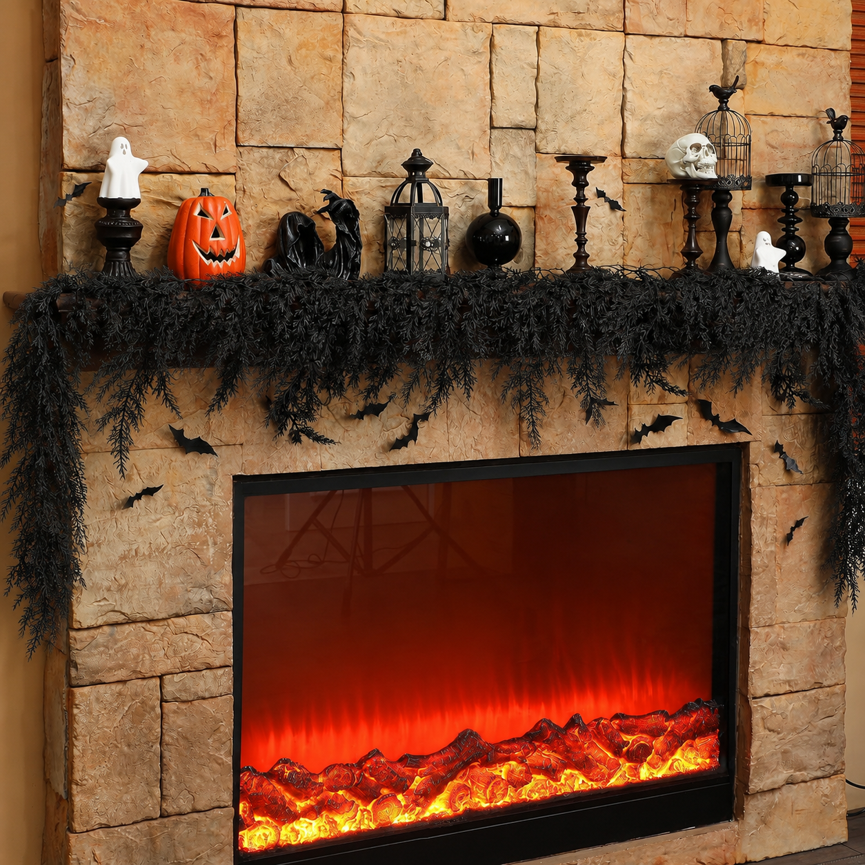 New Arrival 50% OFF💥🎃Black Cedar Garland Halloween Fireplace Decor Set 👻