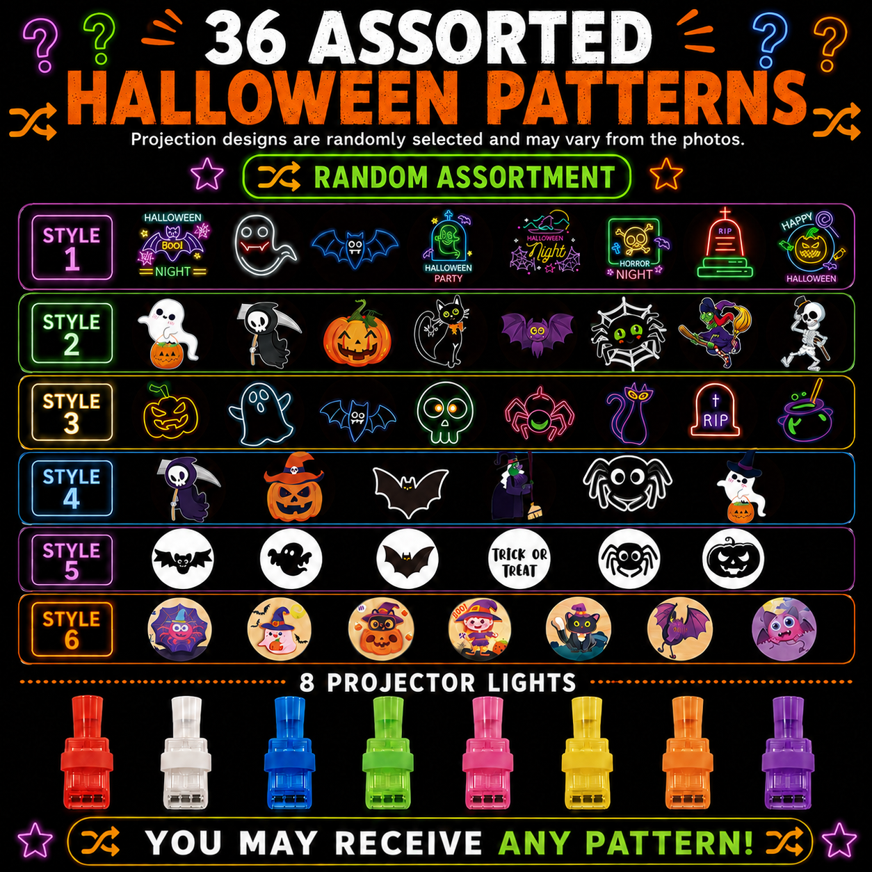 36 assorted Halloween projection patterns and projector colors