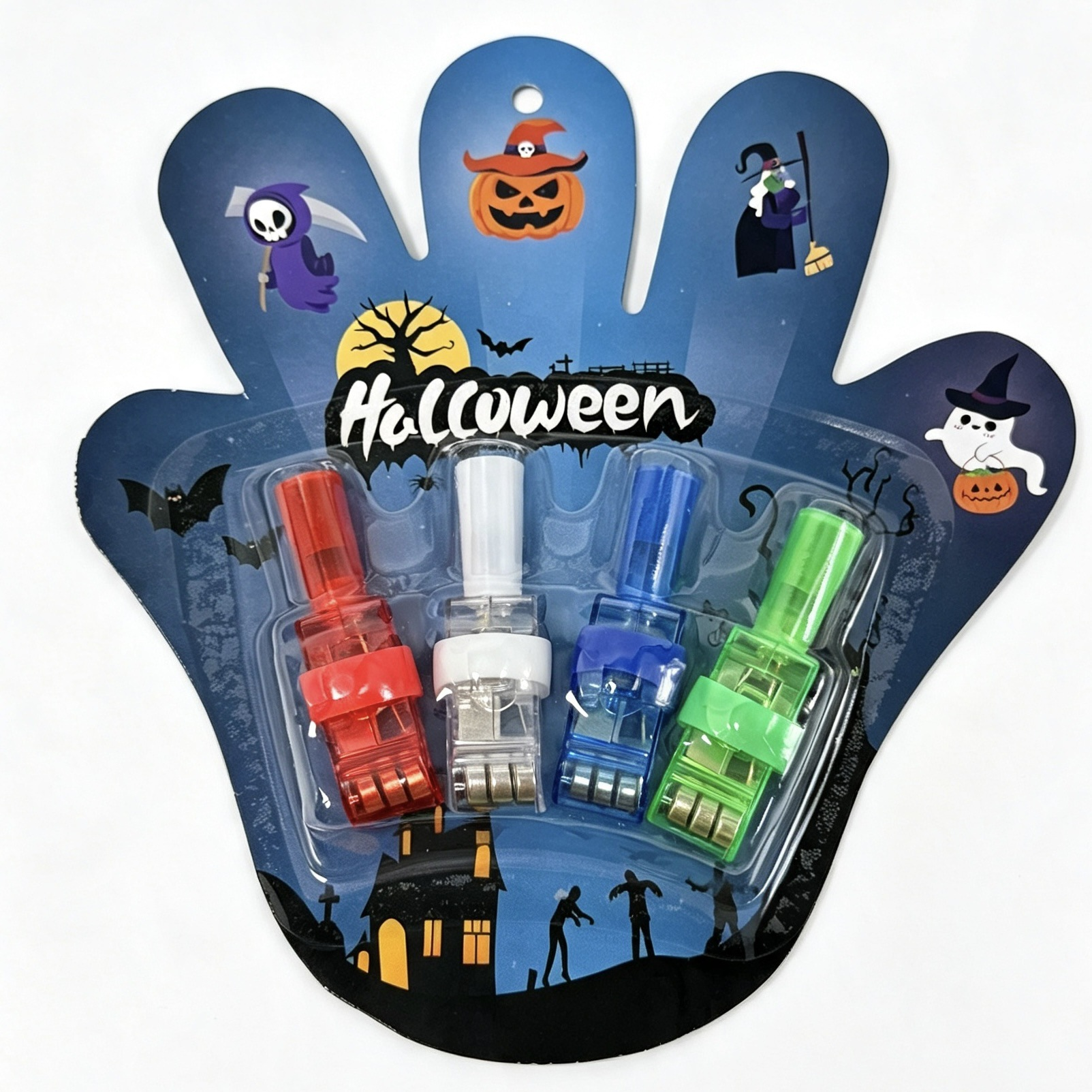 Four Halloween finger projectors in red white blue and green