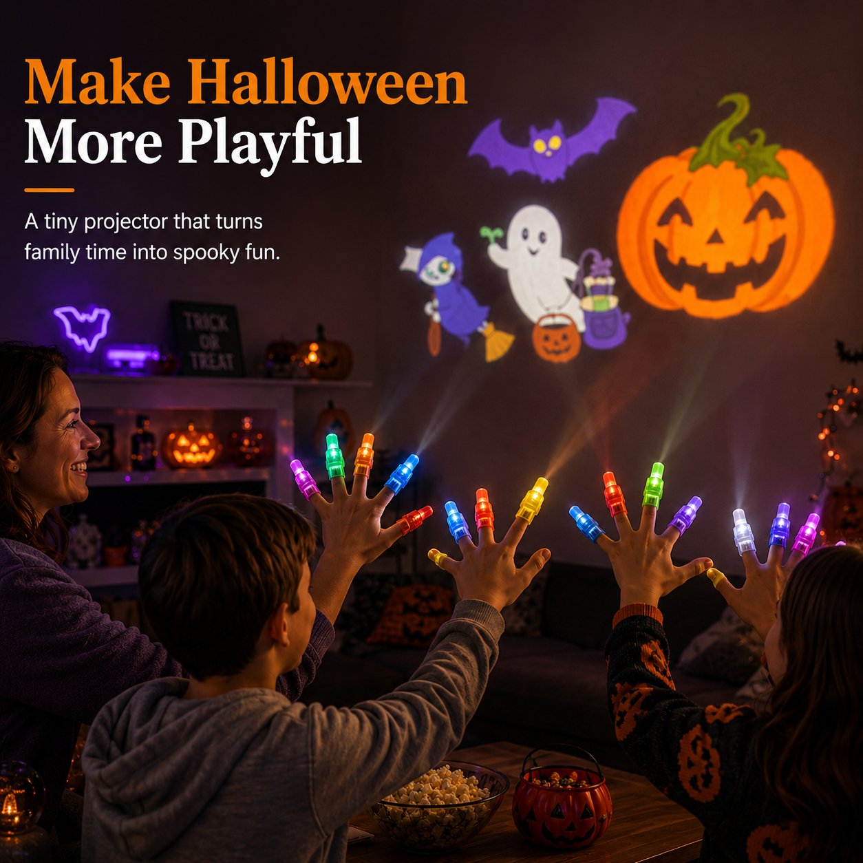 Family playing with colorful Halloween finger projector lights