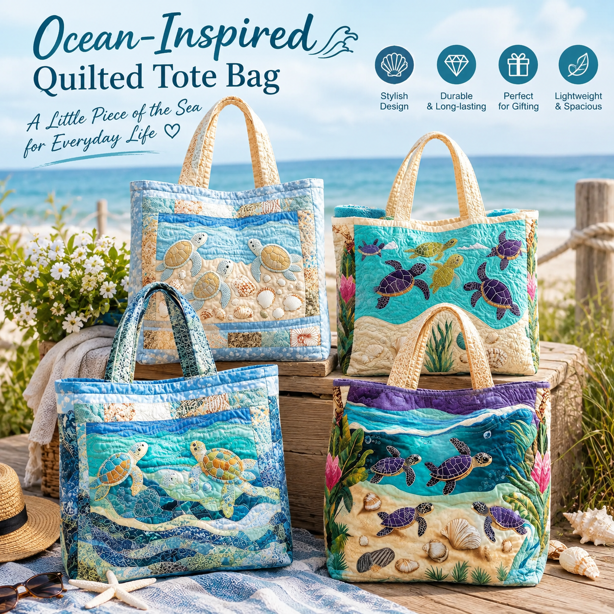 🔥 Turtle Ocean Quilted Tote Bag – Handmade Coastal Beach Bag with Sea Turtle Design