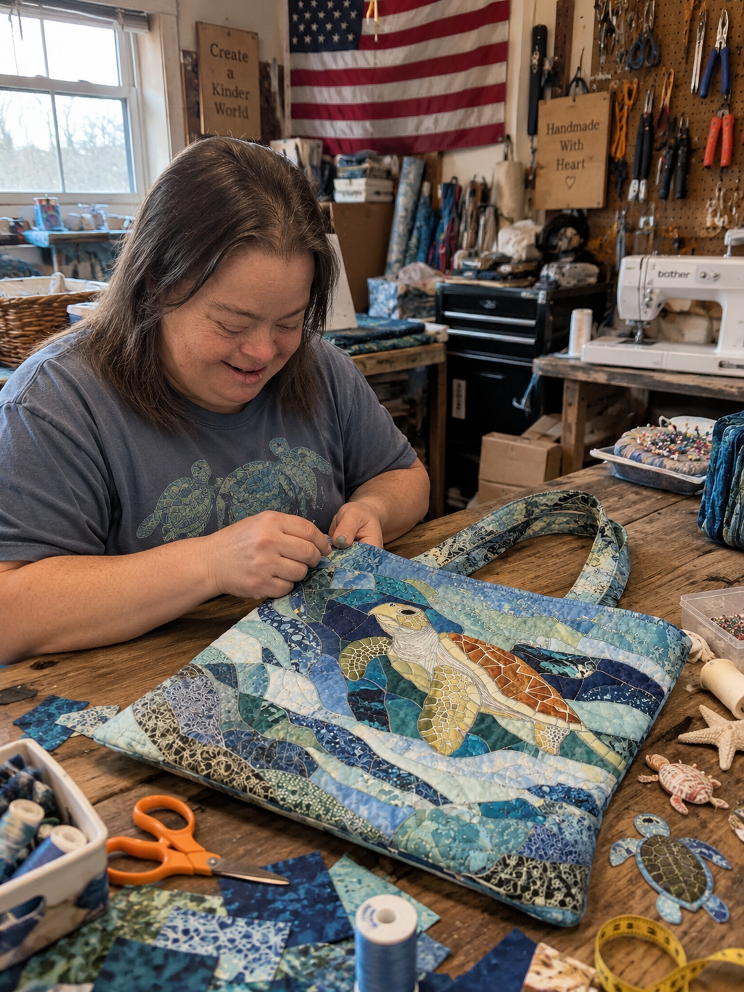 🔥 Turtle Ocean Quilted Tote Bag – Handmade Coastal Beach Bag with Sea Turtle Design