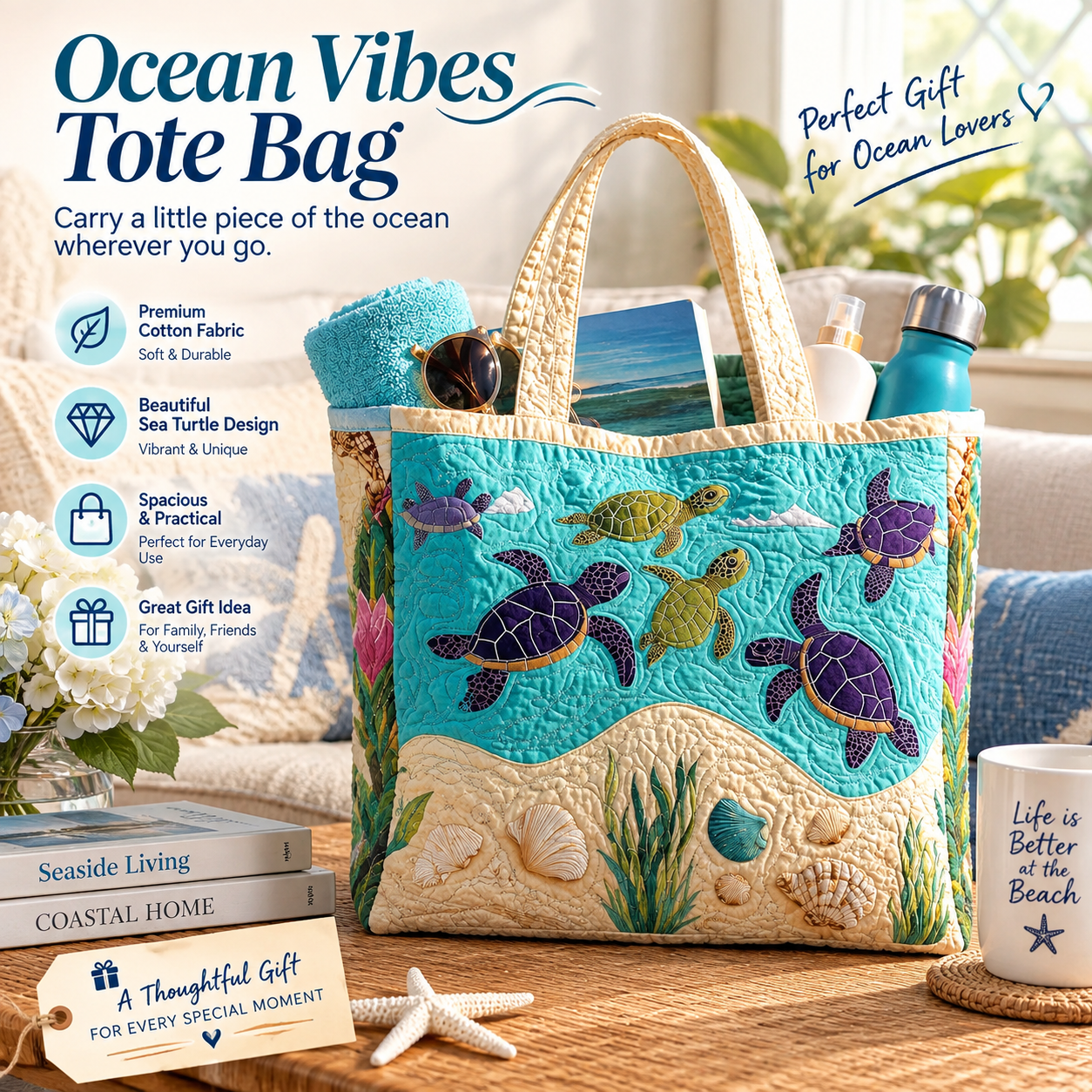 🔥 Turtle Ocean Quilted Tote Bag – Handmade Coastal Beach Bag with Sea Turtle Design