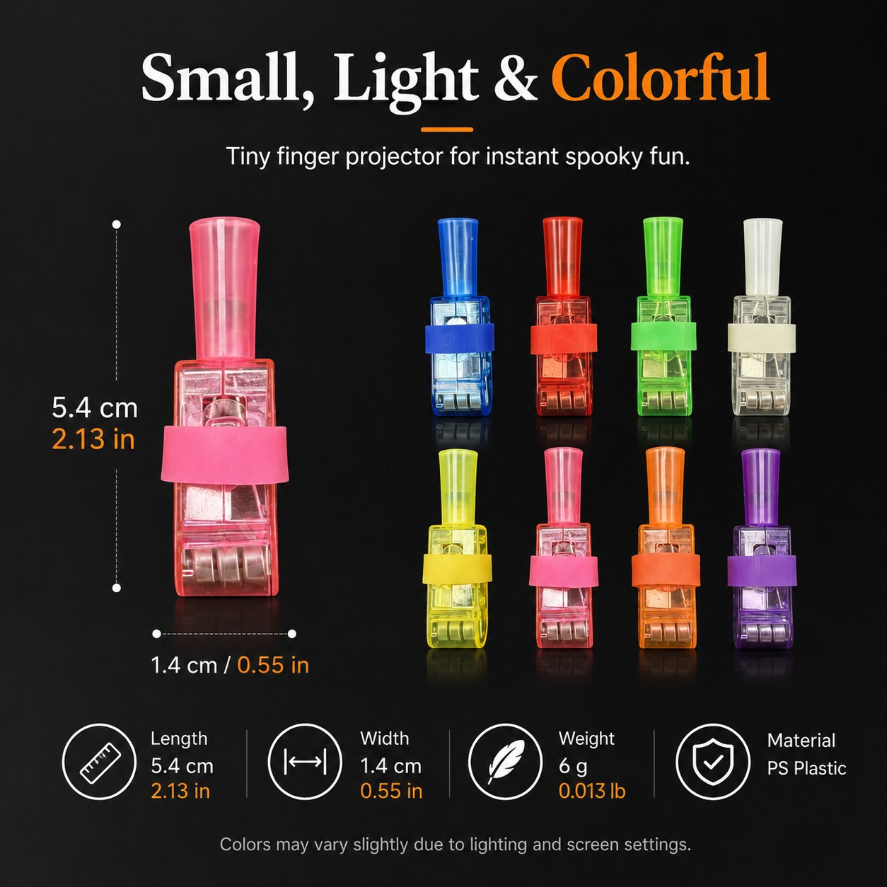 Halloween finger projector dimensions colors and weight