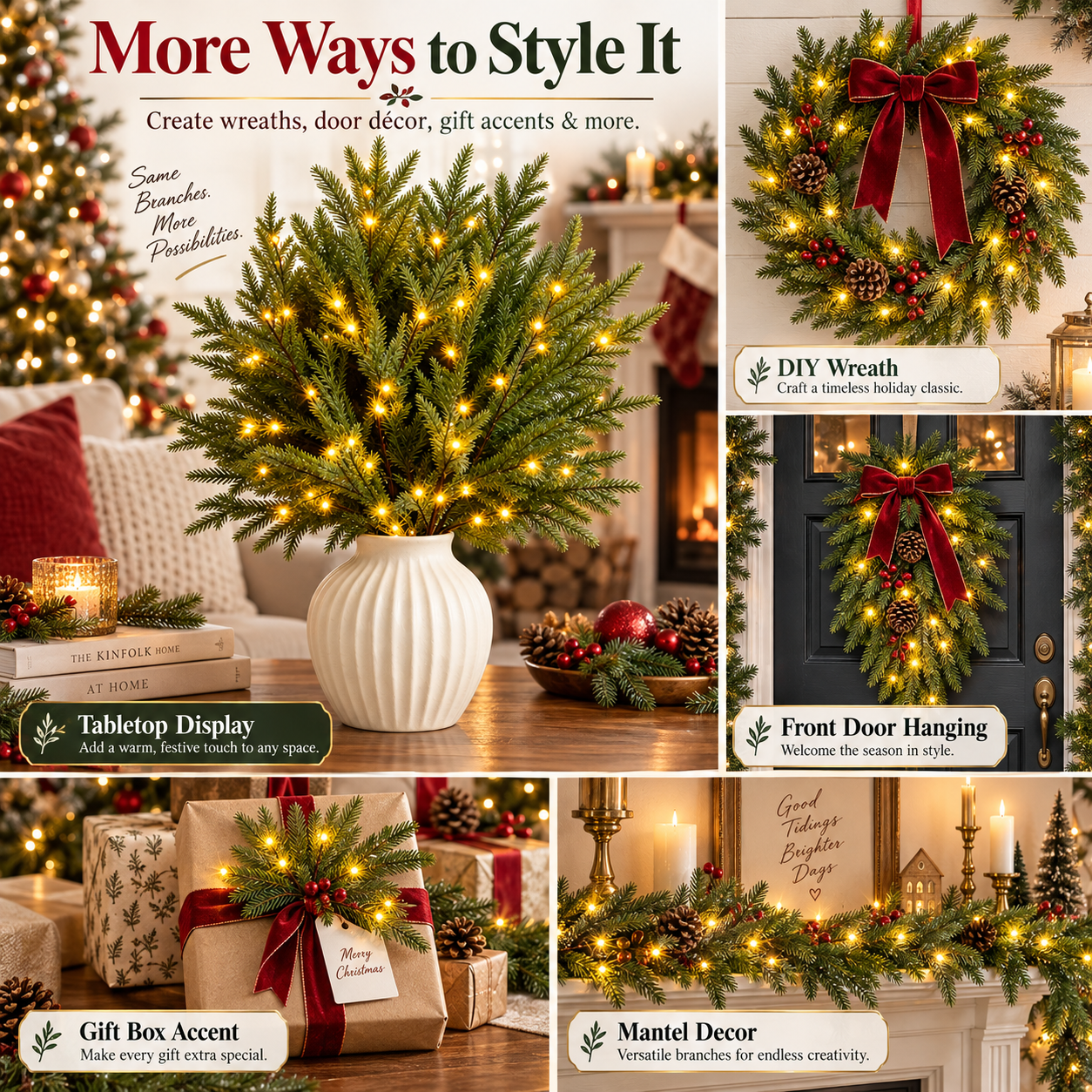 đ đTwinkling Enchanted Evergreen Pine Tree with Lights â 5/10 Pack Artificial Pine Branches for Christmas Decorâ¨â¨