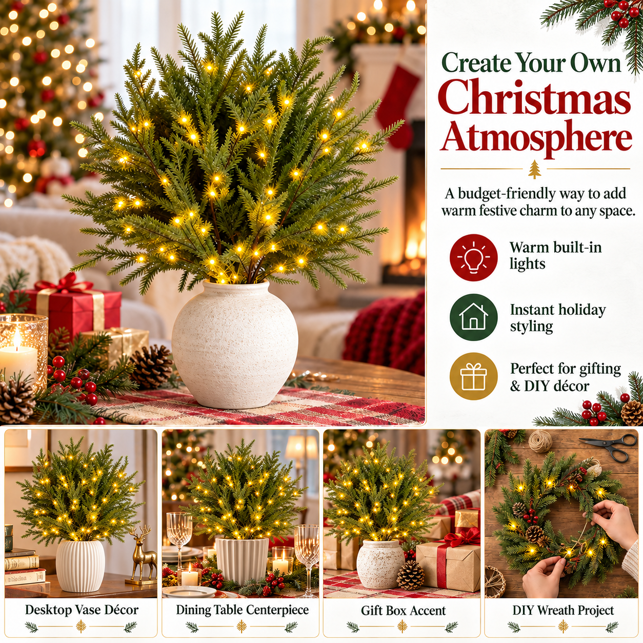 đ đTwinkling Enchanted Evergreen Pine Tree with Lights â 5/10 Pack Artificial Pine Branches for Christmas Decorâ¨â¨