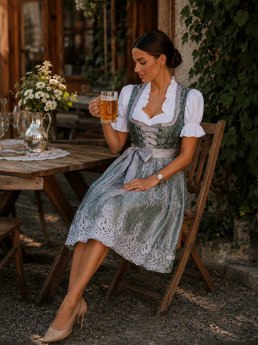 Elegantes Dirndl Damen Midi Trachtenkleid Salbeigrün mit Dirndlbluse Dirndlschürze Oktoberfest