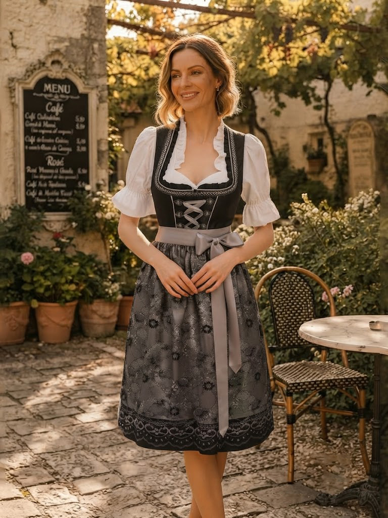 Damen Dirndl Midi 3-teilig Schwarz Grau mit Dirndlbluse & Schürze für Oktoberfest