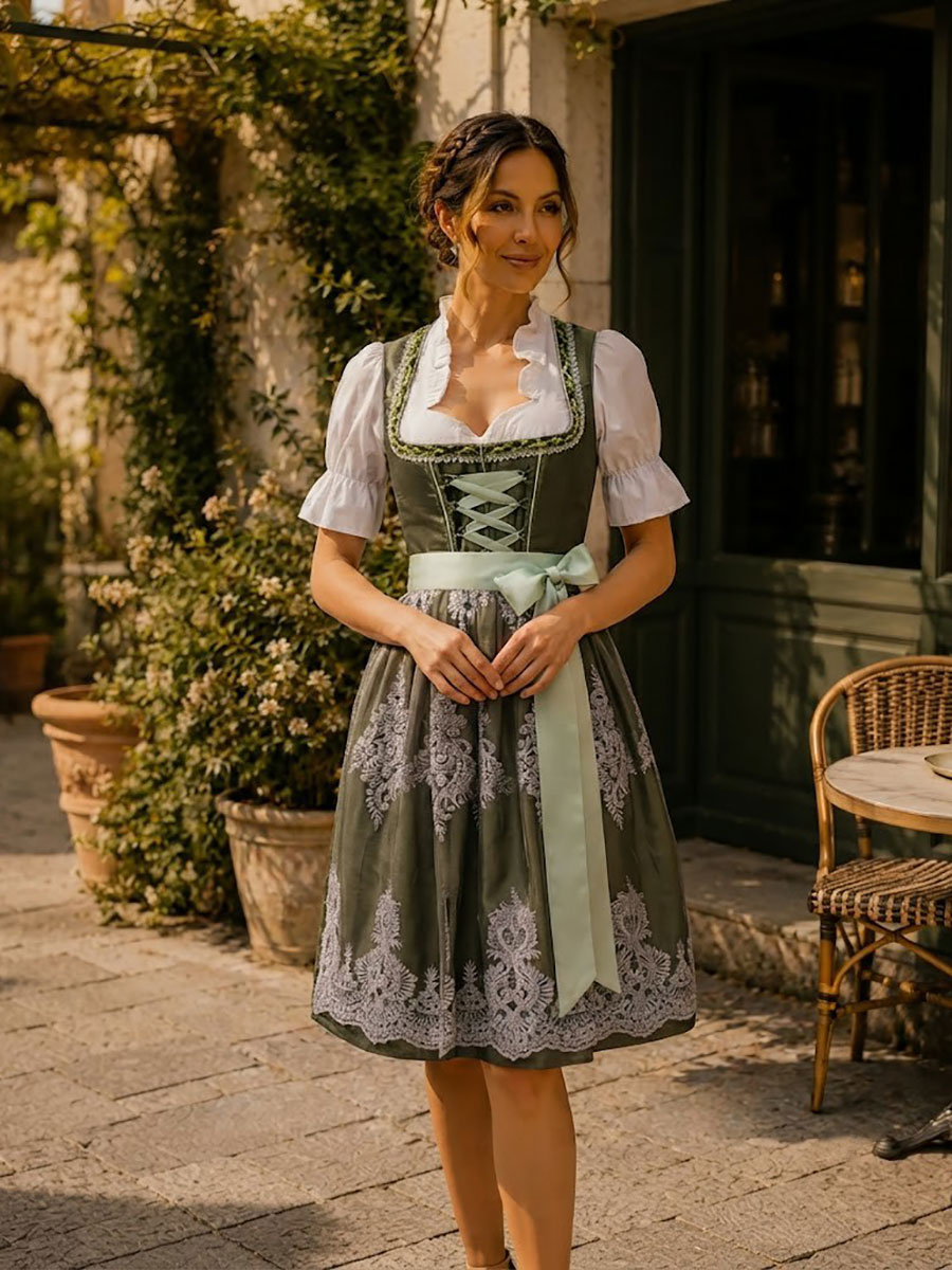 Dirndl Damen Midi Trachtenkleid Grün mit Dirndlbluse Dirndlschürze Oktoberfest