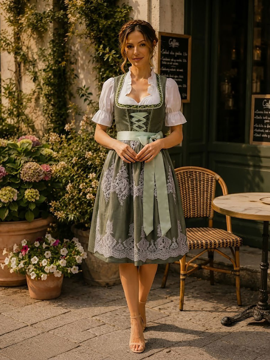 Dirndl Damen Midi Trachtenkleid Grün mit Dirndlbluse Dirndlschürze Oktoberfest