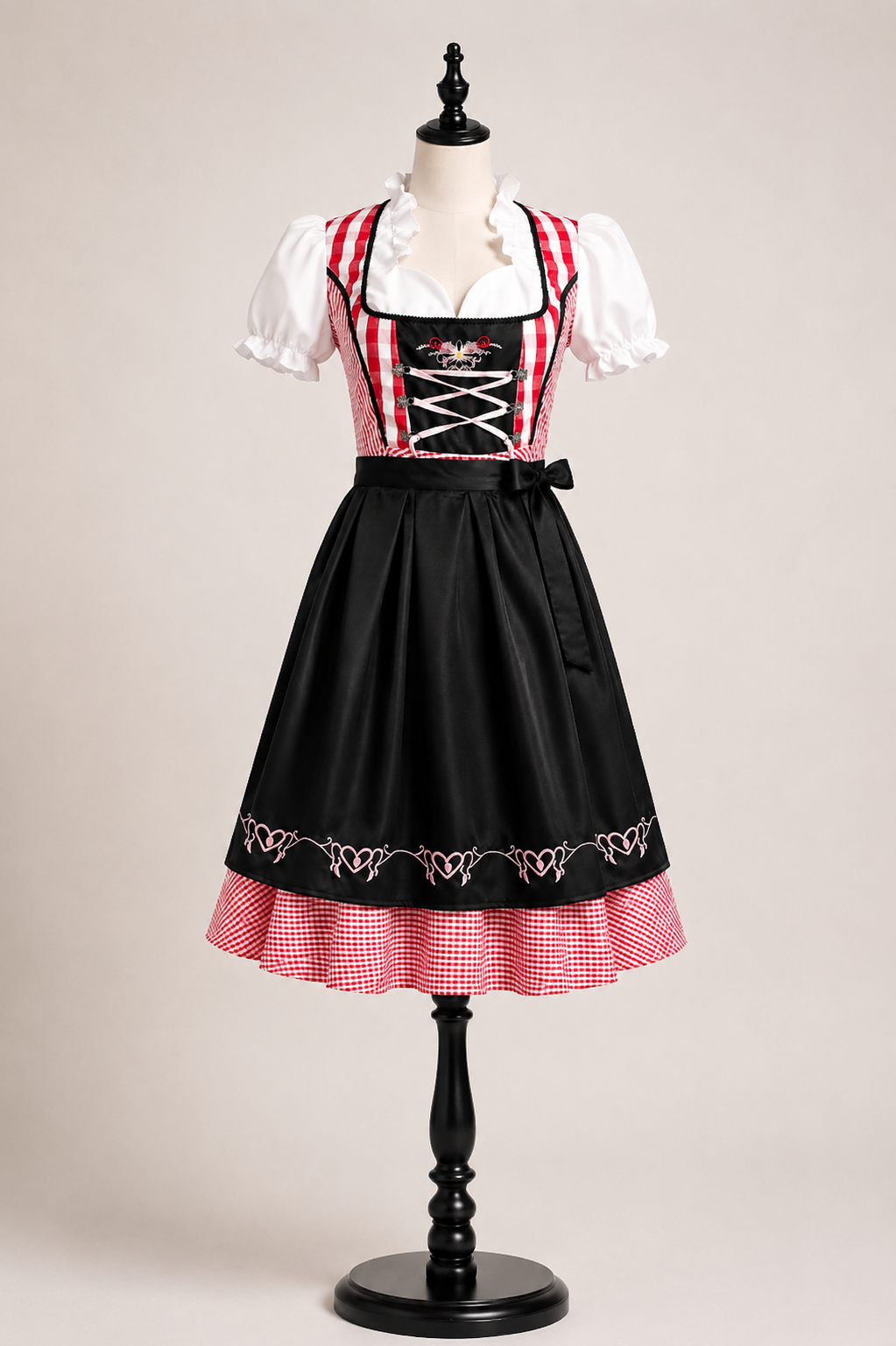 Dirndl Damen Midi Trachtenkleid Rot Schwarz Kariert mit Dirndlschürze Oktoberfest