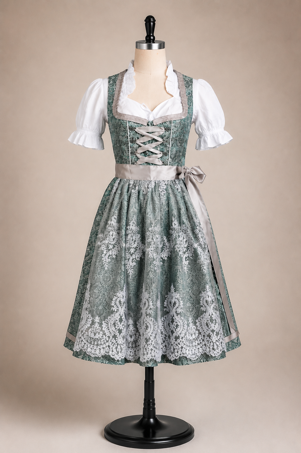 Elegantes Dirndl Damen Midi Trachtenkleid Salbeigrün mit Dirndlbluse Dirndlschürze Oktoberfest
