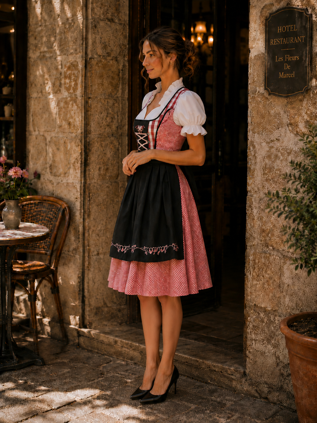 Dirndl Damen Midi Trachtenkleid Rot Schwarz Kariert mit Dirndlschürze Oktoberfest