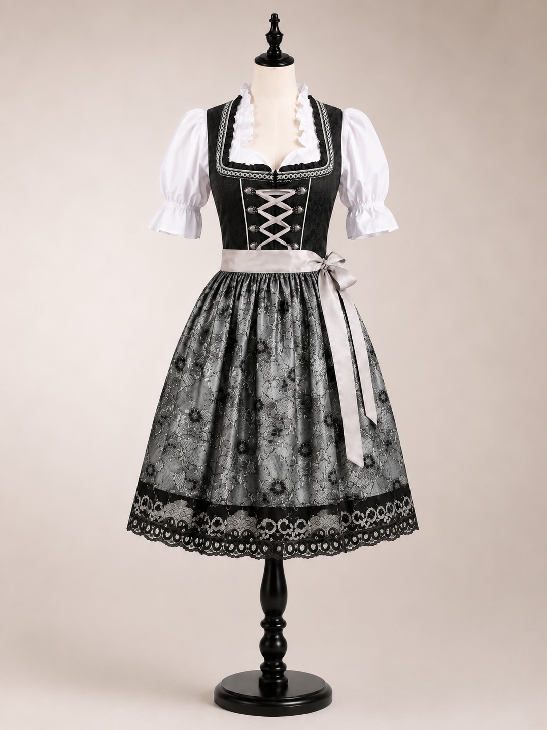 Damen Dirndl Midi 3-teilig Schwarz Grau mit Dirndlbluse & Schürze für Oktoberfest